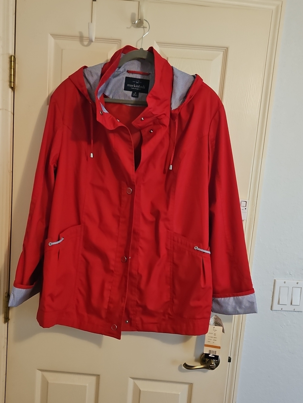 Mackintosh Bright Red Hooded Rain Jacket with Striped Lining